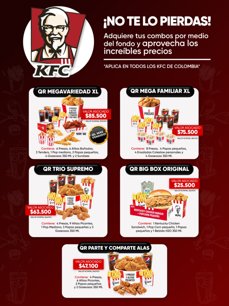 Promoción KFC para asociados al fondo de empleados. Incluye cinco combos con precios especiales: Megavariedad XL $85.500, Mega Familiar XL $75.500, Trío Supremo $63.500, Big Box Original $25.500 y Parte y Comparte Alas $47.100. Aplican en todos los KFC de Colombia.