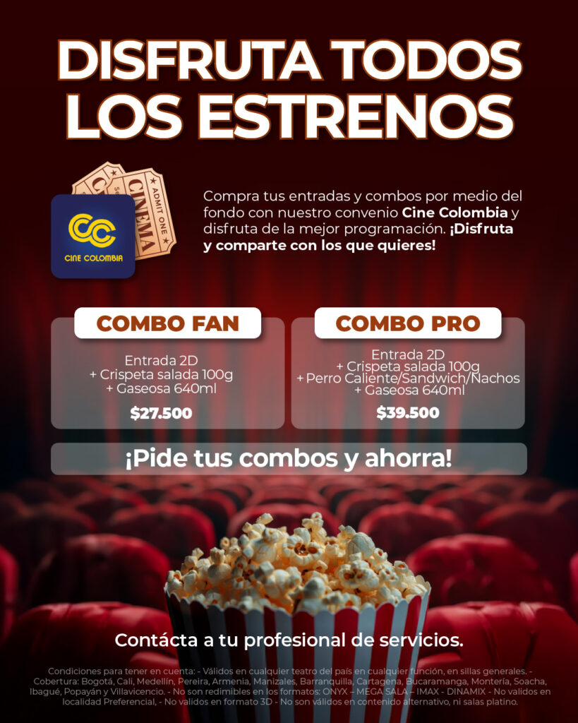 Promoción Cine Colombia: combos para entradas 2D (Combo Fan $27.500 y Combo Pro $39.500); pide tus combos y ahorra.