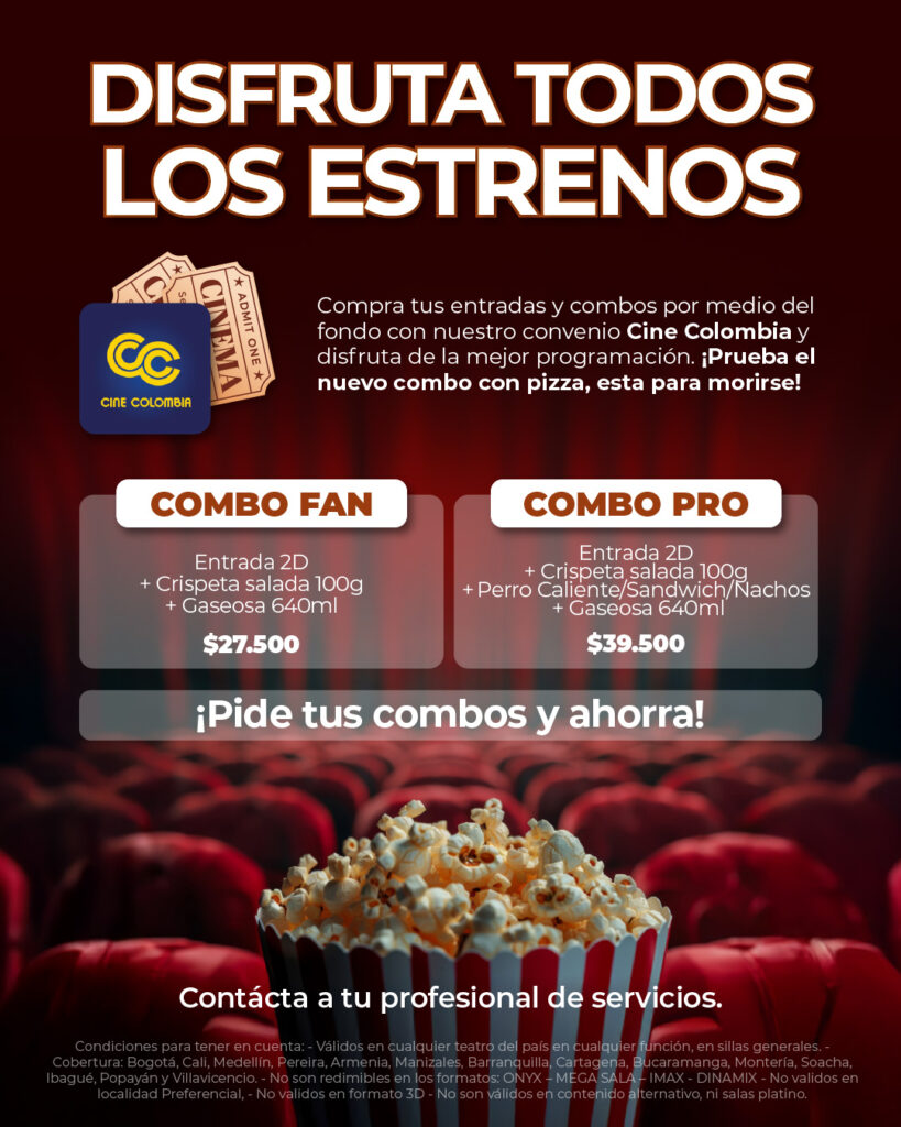 Promoción Cine Colombia: combos para entradas 2D (Combo Fan $27.500 y Combo Pro $39.500); pide tus combos y ahorra.