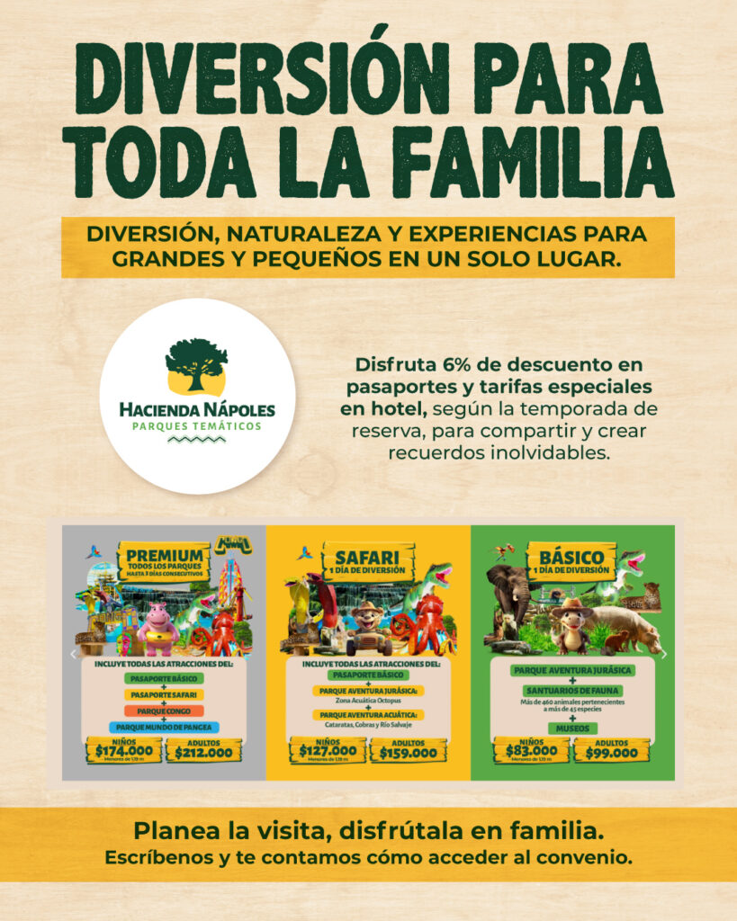 Convenio Hacienda Nápoles: diversión para toda la familia con 6% de descuento en pasaportes y tarifas especiales de hotel.