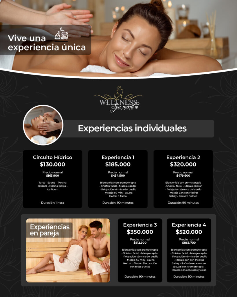 Promoción Wellness Spa Móvil: experiencias individuales y/o en pareja. Pregunta por sus planes.