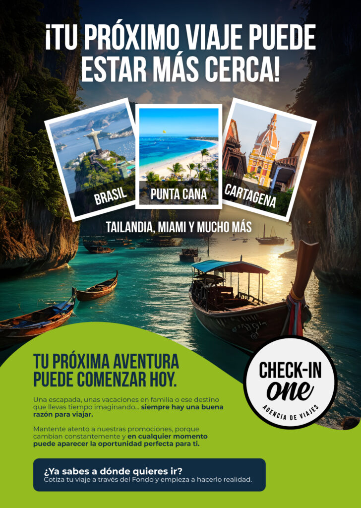 Promociones de viajes para asociados a destinos como Brasil, Punta Cana y Cartagena. Cotiza tu próxima aventura a través del Fondo con Check-in One.